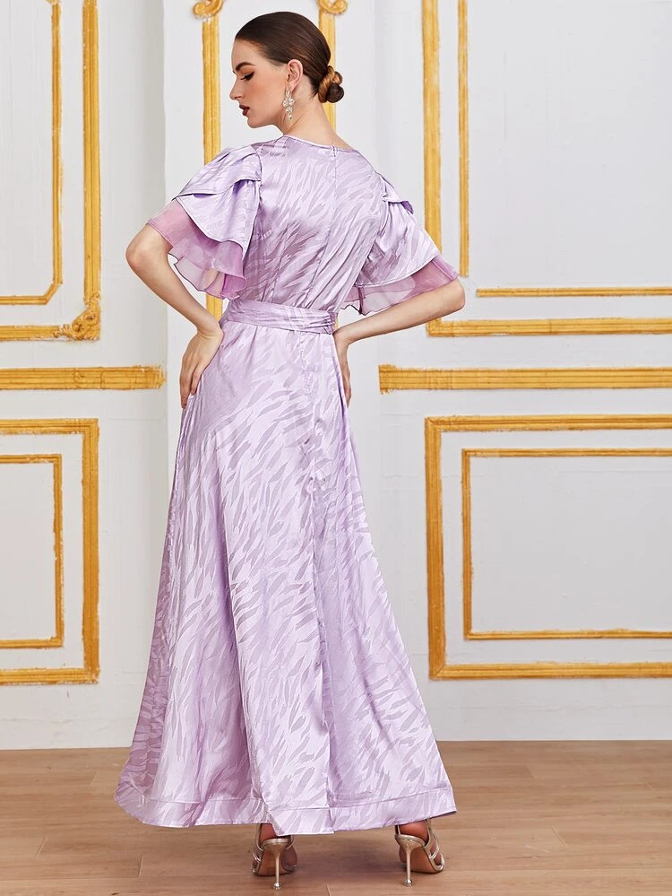 Butterfly Sleeve Self Belted Jacquard Dress