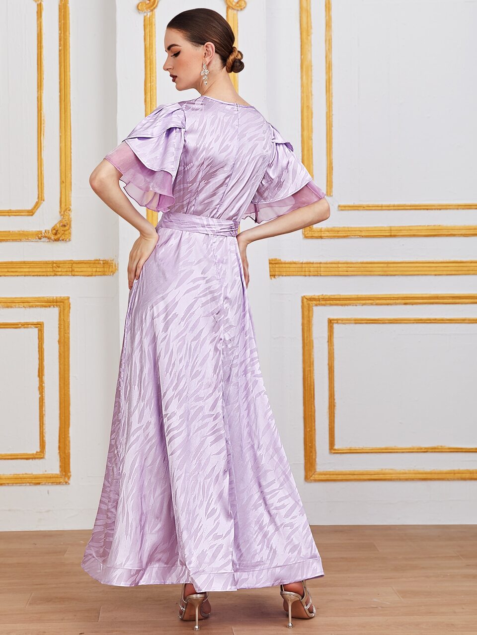 Butterfly Sleeve Self Belted Jacquard Dress