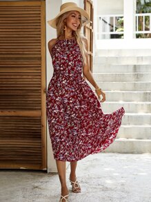 Allover Floral Print Halter Dress - Burgundy - View 4