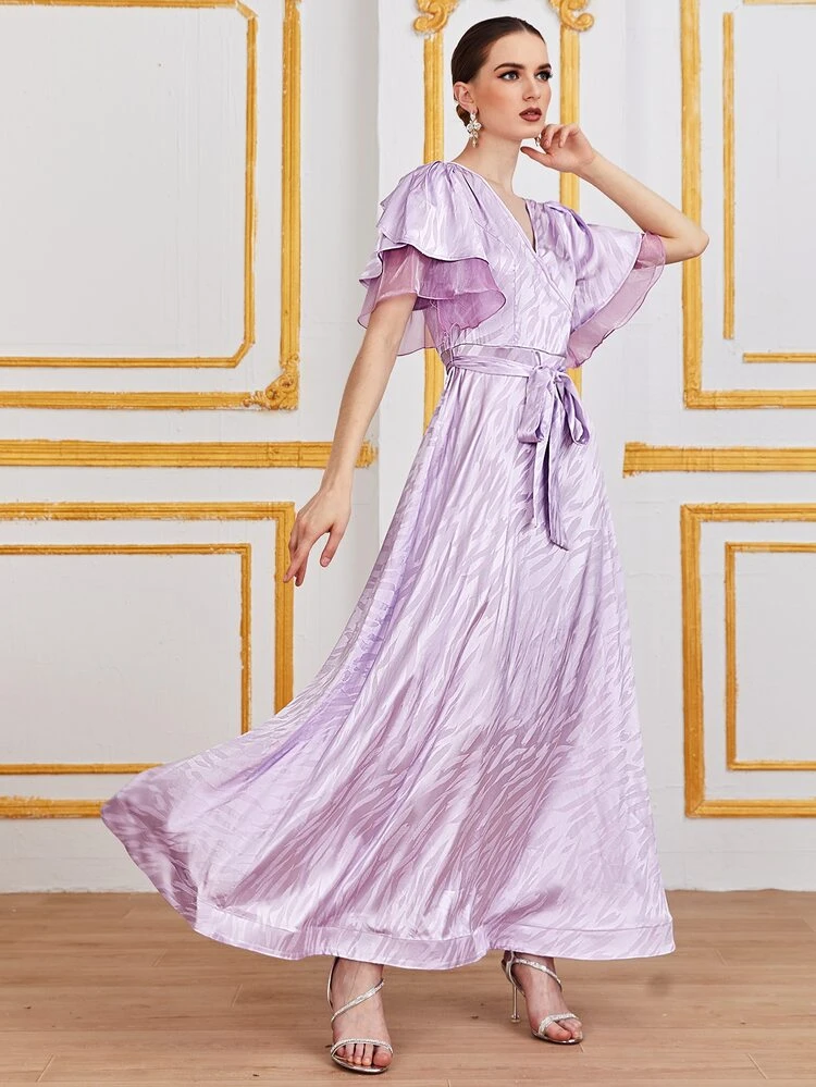 Butterfly Sleeve Self Belted Jacquard Dress