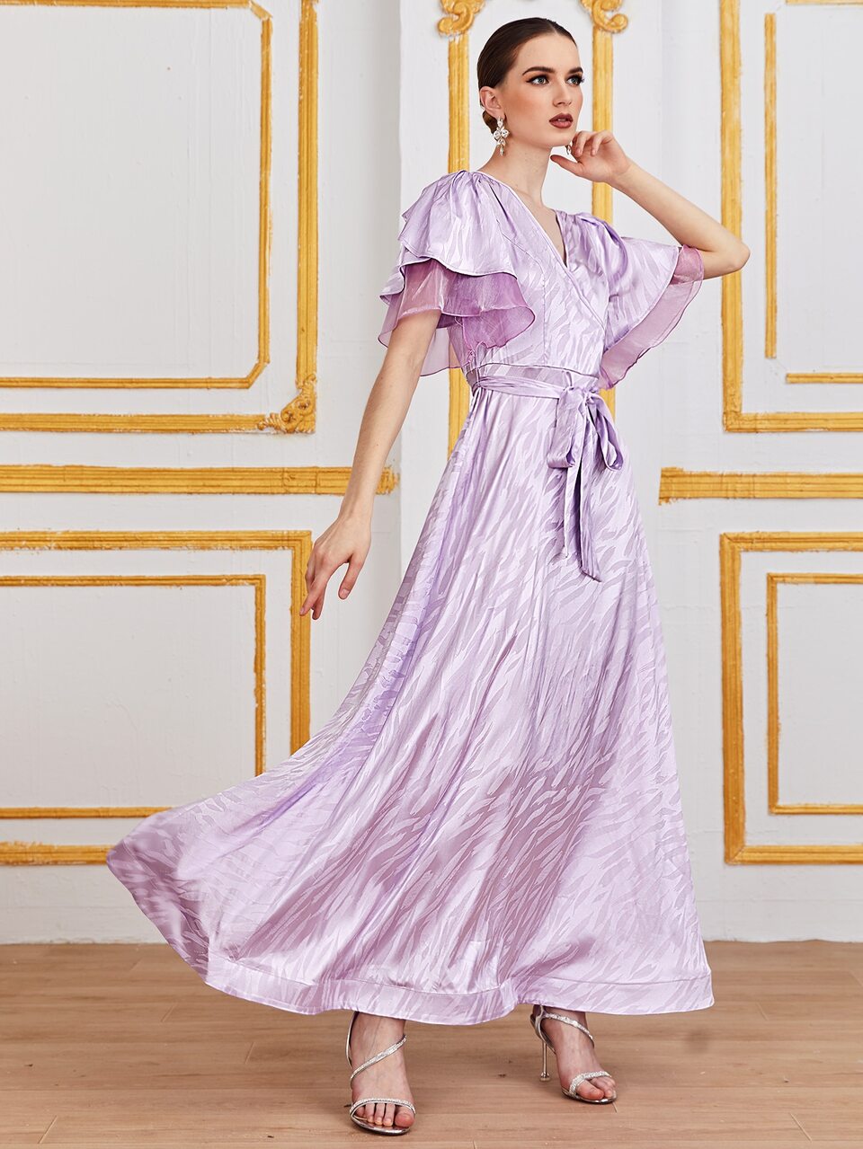 Butterfly Sleeve Self Belted Jacquard Dress