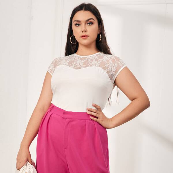 

Plus Floral Flocked Mesh Yoke Top, White