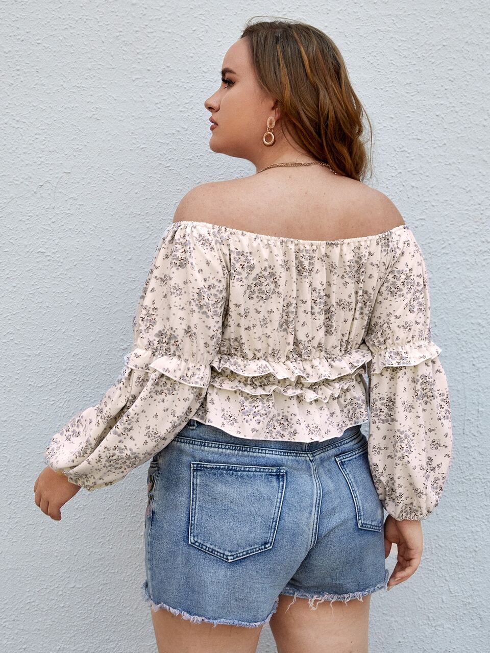 Plus Floral Print Ruffle Trim Bardot Blouse