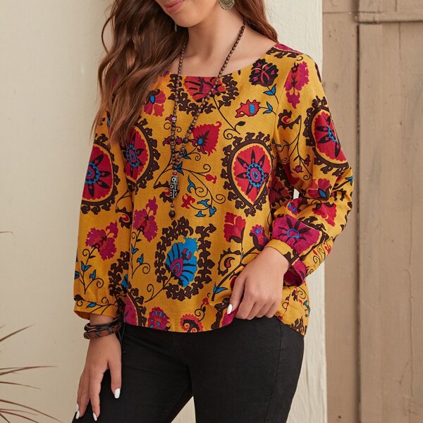 

Floral Print Round Neck Blouse Without Necklace, Multicolor