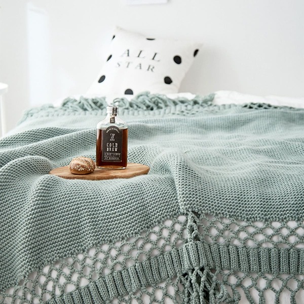 

Hollow Knitted Tassel Throw, Green