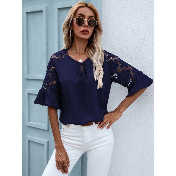 

Tie Neck Guipure Lace Flounce Sleeve Blouse, Navy blue