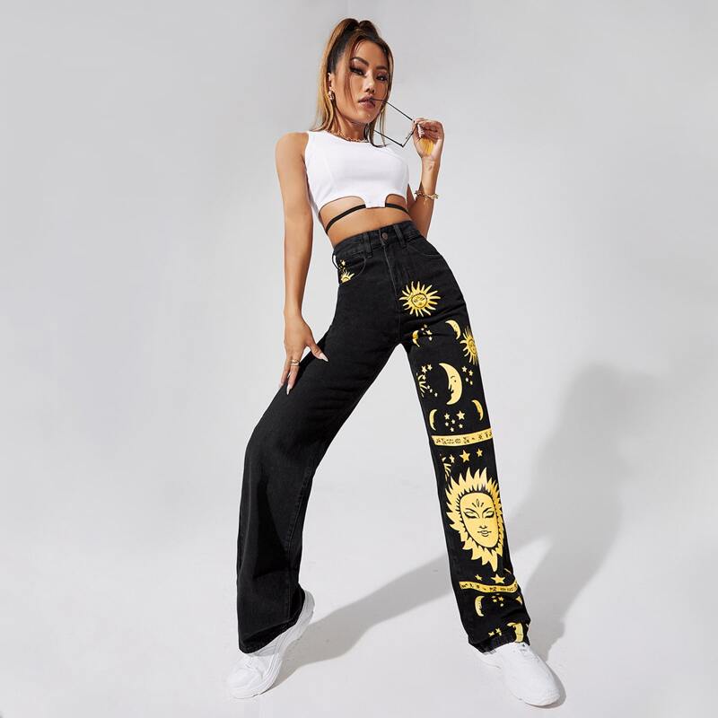 

High Waist Sun & Moon Print Jeans, Black