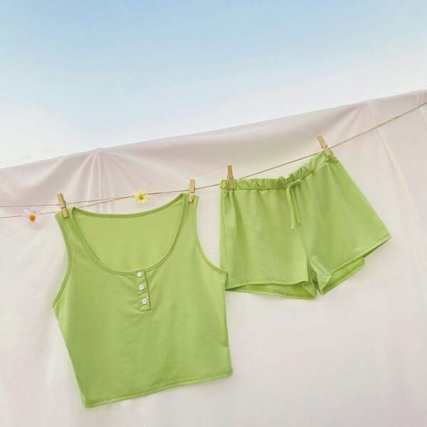

Button Half Placket Tank Top and Shorts PJ Set, Lime green