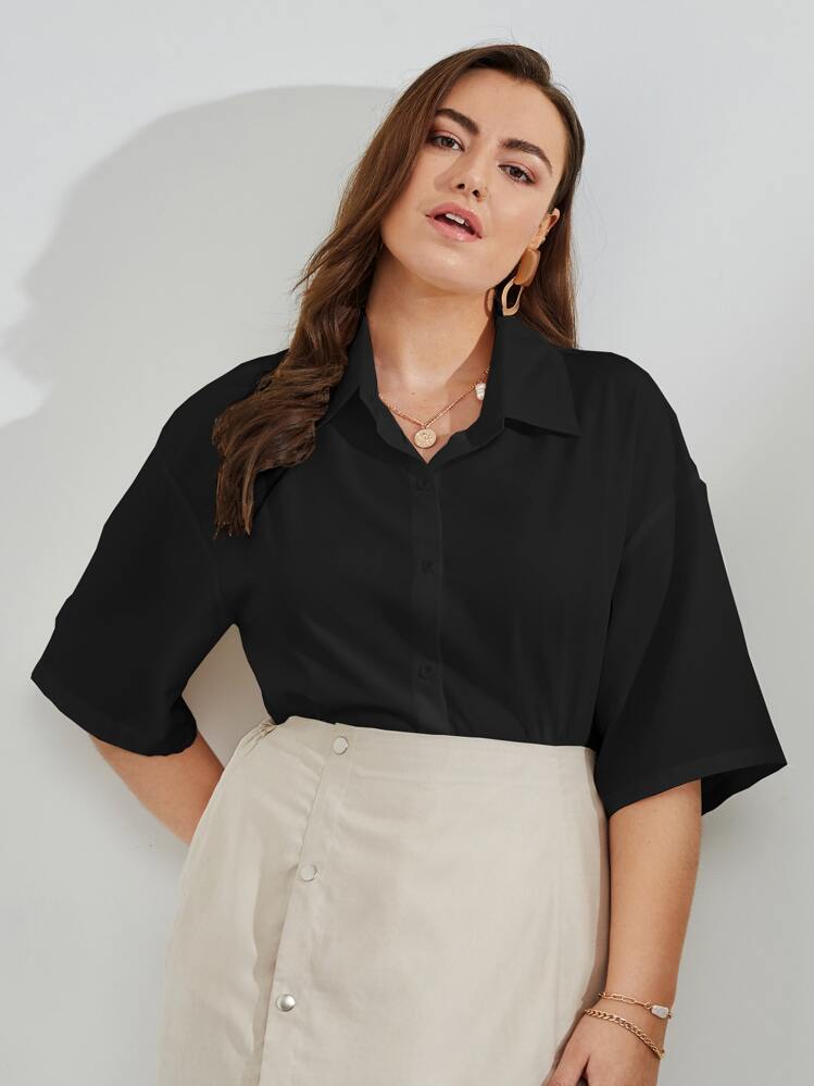 SHEIN Clasi Camisa con botón de hombros caídos unicolor - Negro - Añade 1