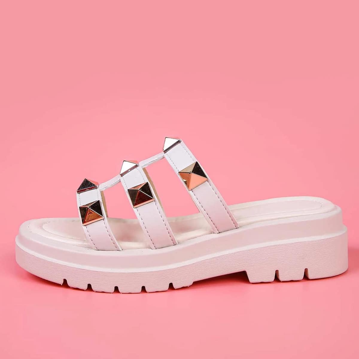 

Studded Strap Flatform Slide Sandals, Beige