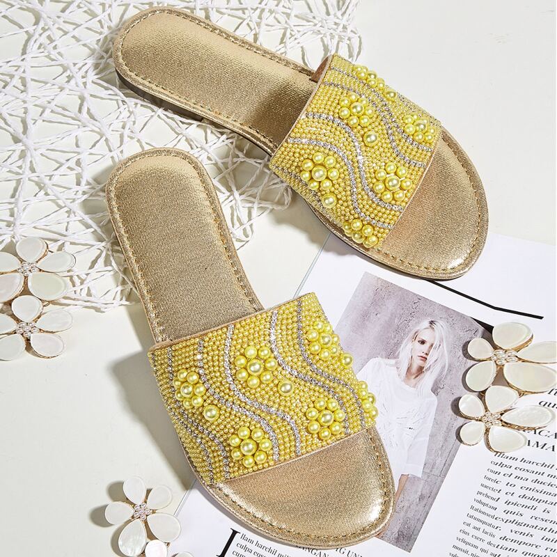 

Faux Pearl & Rhinestone Band Slide Sandals, Yellow
