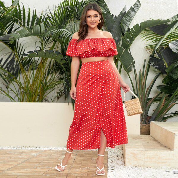 

Plus Polka Dot Off Shoulder Top With Skirt, Red