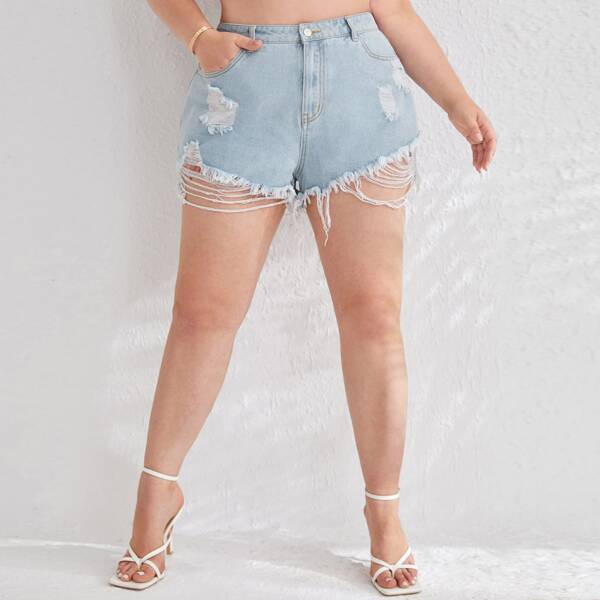 

Plus Ripped Raw Hem Denim Shorts, Light wash