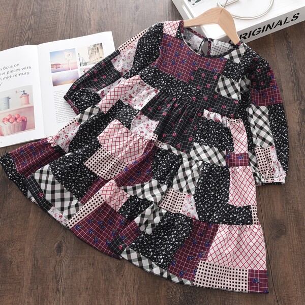 

Toddler Girls Ditsy Floral & Plaid Patchwork Babydoll Dress, Multicolor