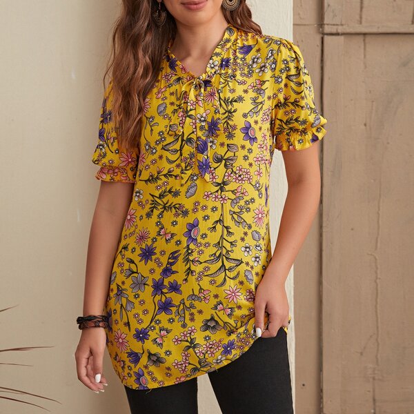 

Floral Print Tie Neck Longline Blouse, Yellow