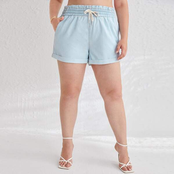 

Plus Paperbag Waist Knot Front Denim Shorts, Light wash