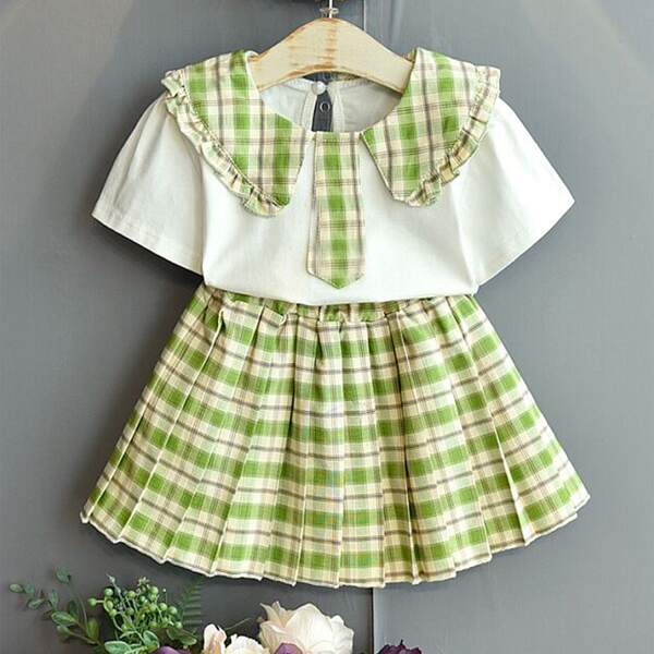 

Toddler Girls Contrast Statement Collar Top With Tartan Skirt, Multicolor