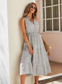 SHEIN Holidaya Striped Print Notched Neck A-line Dress - Multicolor - View 3