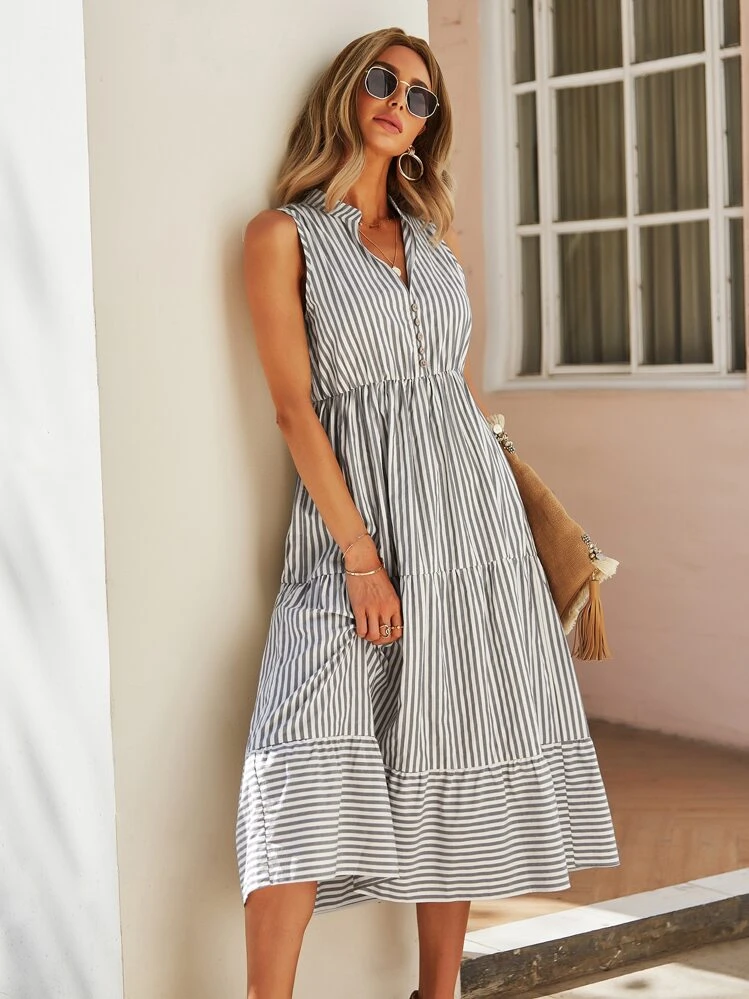 SHEIN Holidaya 條紋圖案西裝領A字型連衣裙 - 彩色 - 查看 3