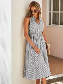 SHEIN Holidaya Striped Print Notched Neck A-line Dress - Multicolor - View 4