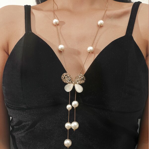 

Faux Pearl Charm Necklace, Gold