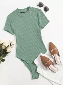 SHEIN EZwear Plus Rib-knit Solid Bodysuit - Mint Green - View 1