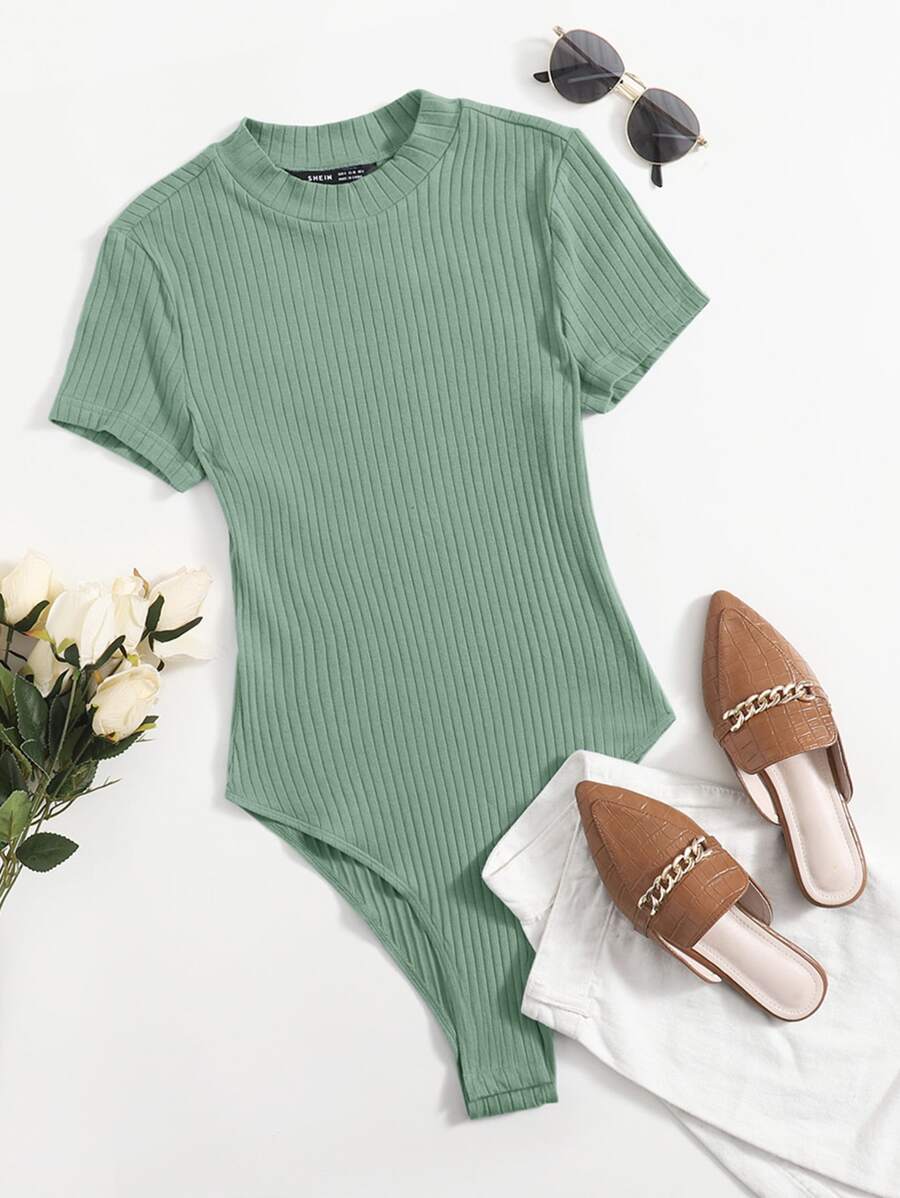 SHEIN EZwear Plus Rib-knit Solid Bodysuit - Mint Green - View 1