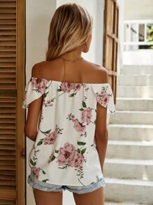 SHEIN Unity Floral Print Off The Shoulder Top - White - View 2