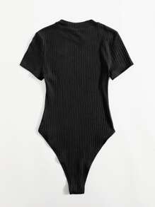 SHEIN EZwear Plus Rib-knit Solid Bodysuit - Black - View 2