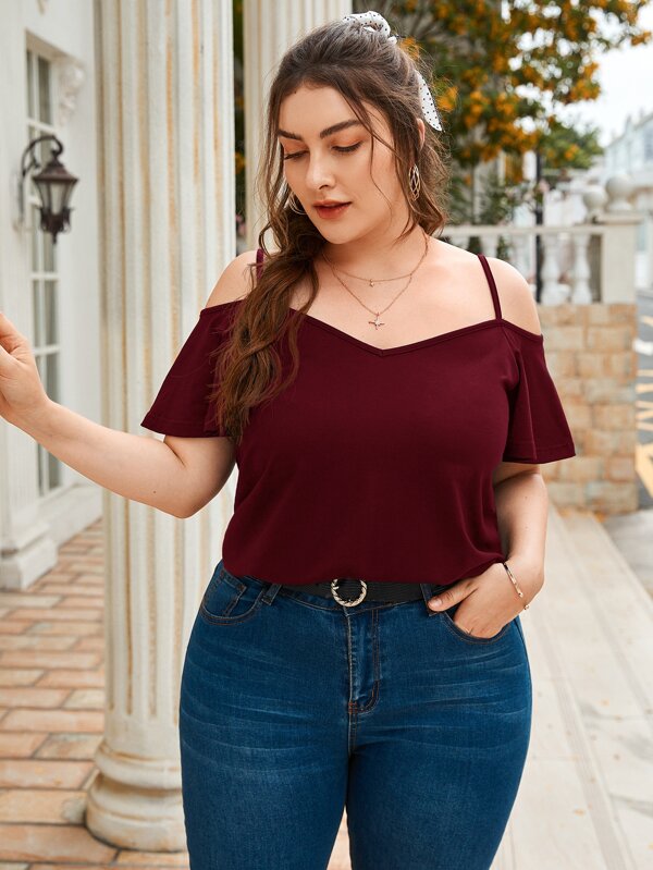 SHEIN Clasi Plus Cold Shoulder Solid Color Short Sleeve Tee