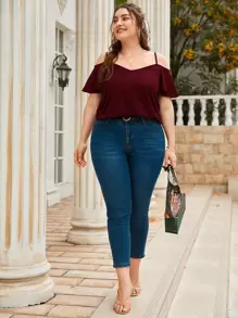 SHEIN Clasi Plus Cold Shoulder Solid Color Short Sleeve Tee