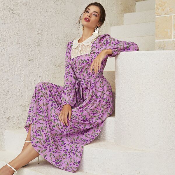 

Contrast Lace Panel Ditsy Floral Belted Dress, Purple