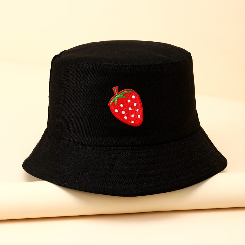 

Strawberry Embroidery Bucket Hat, Black