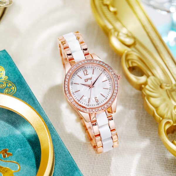 

Rhinestone Decor Round Pointer Quartz Watch