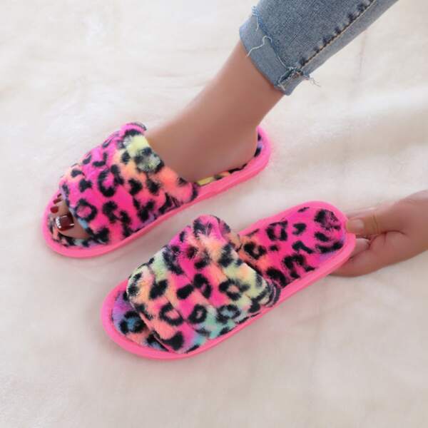 

Neon Pink Leopard Fluffy Slippers, Multicolor