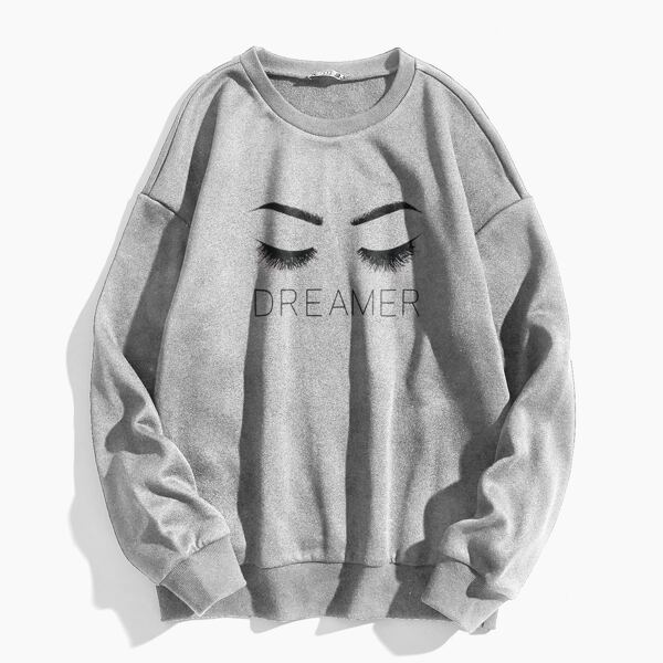 

Eyelash And Letter Graphic Sweatshirt, Grey