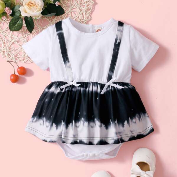 

Baby Girl Bow Front Tie Dye Dress, Black and white