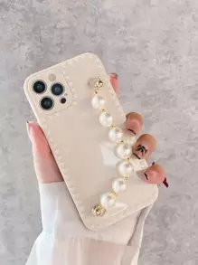 Faux Pearl Hand Strap Phone Case - White - View 1