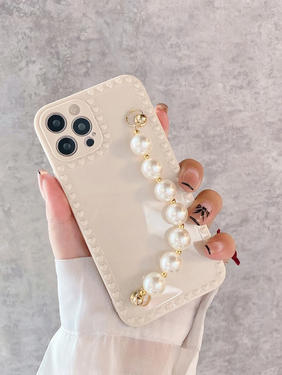 Faux Pearl Hand Strap Phone Case - White - View 1