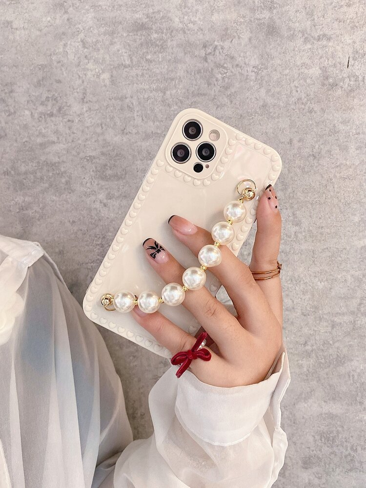 Faux Pearl Hand Strap Phone Case - White - View 2