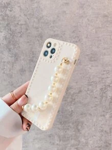 Faux Pearl Hand Strap Phone Case - White - View 3