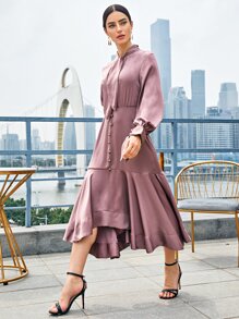 SHEIN Đầm Thắt nút màu trơn Thanh lịch - Bụi hồng - Xem 3