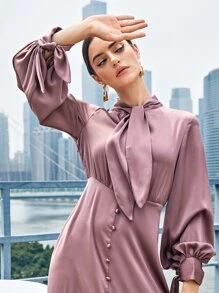 SHEIN Đầm Thắt nút màu trơn Thanh lịch - Bụi hồng - Xem 5