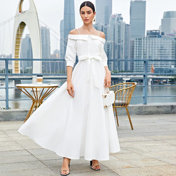 

Cold Shoulder Self Belted Dress, White