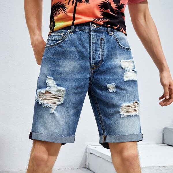 

Men Ripped Washed Denim Shorts, Medium wash