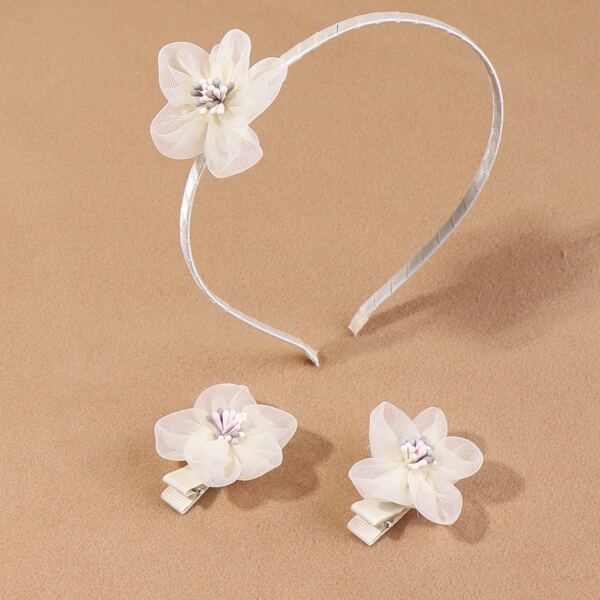 

3pcs Toddler Girls Mesh Flower Decor Hair Accessories, Beige