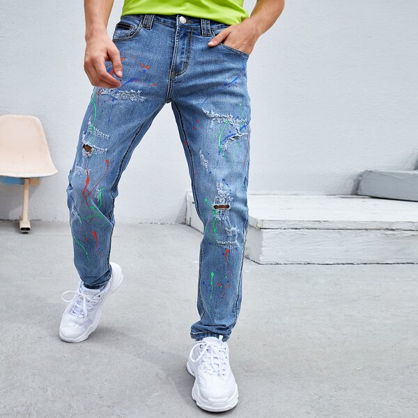 

Men Splatter Painting Ripped Washed Jeans, Medium wash