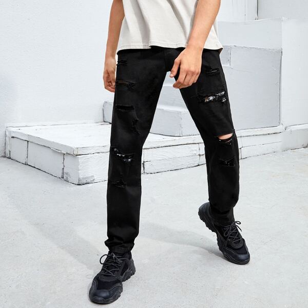

Men Ripped Straight Leg Jeans, Black