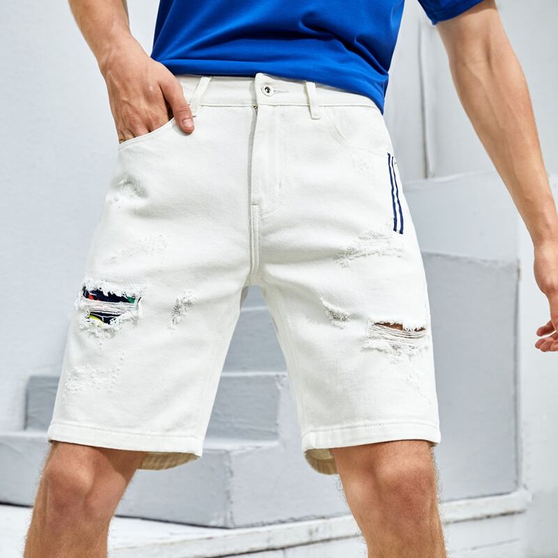 

Guys Ripped Tape Panel Denim Shorts, White