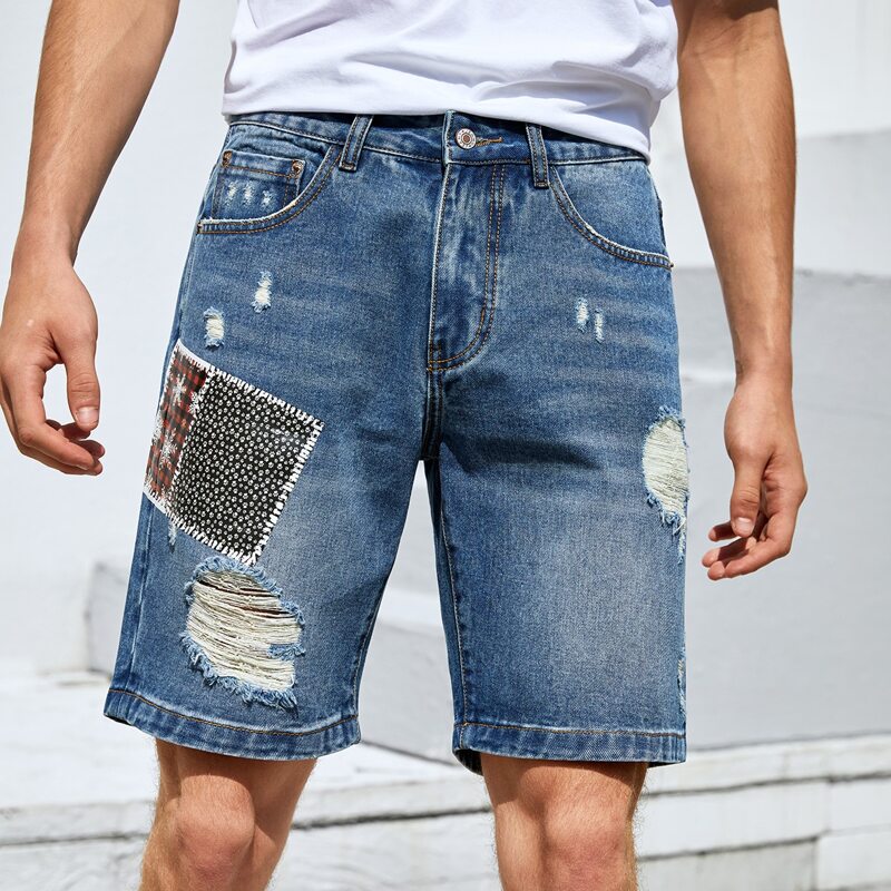 

Guys Ripped Snowflake Print Denim Shorts, Medium wash